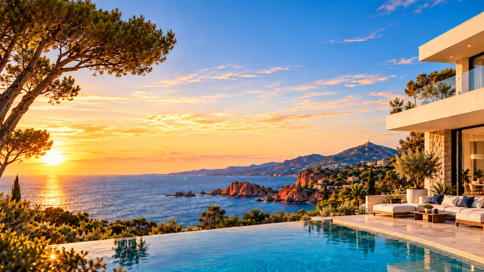 Villa avec piscine à débordement et vue sur la mer au coucher du soleil